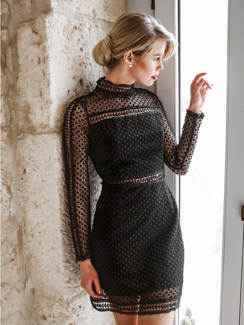 bebe Black Crochet Long-Sleeve Sheer Inset Dress